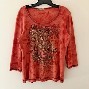 Y2K Top Womens L Fairy Grunge 3/4 Sleeves Orange Tie Dye Gold Graphic